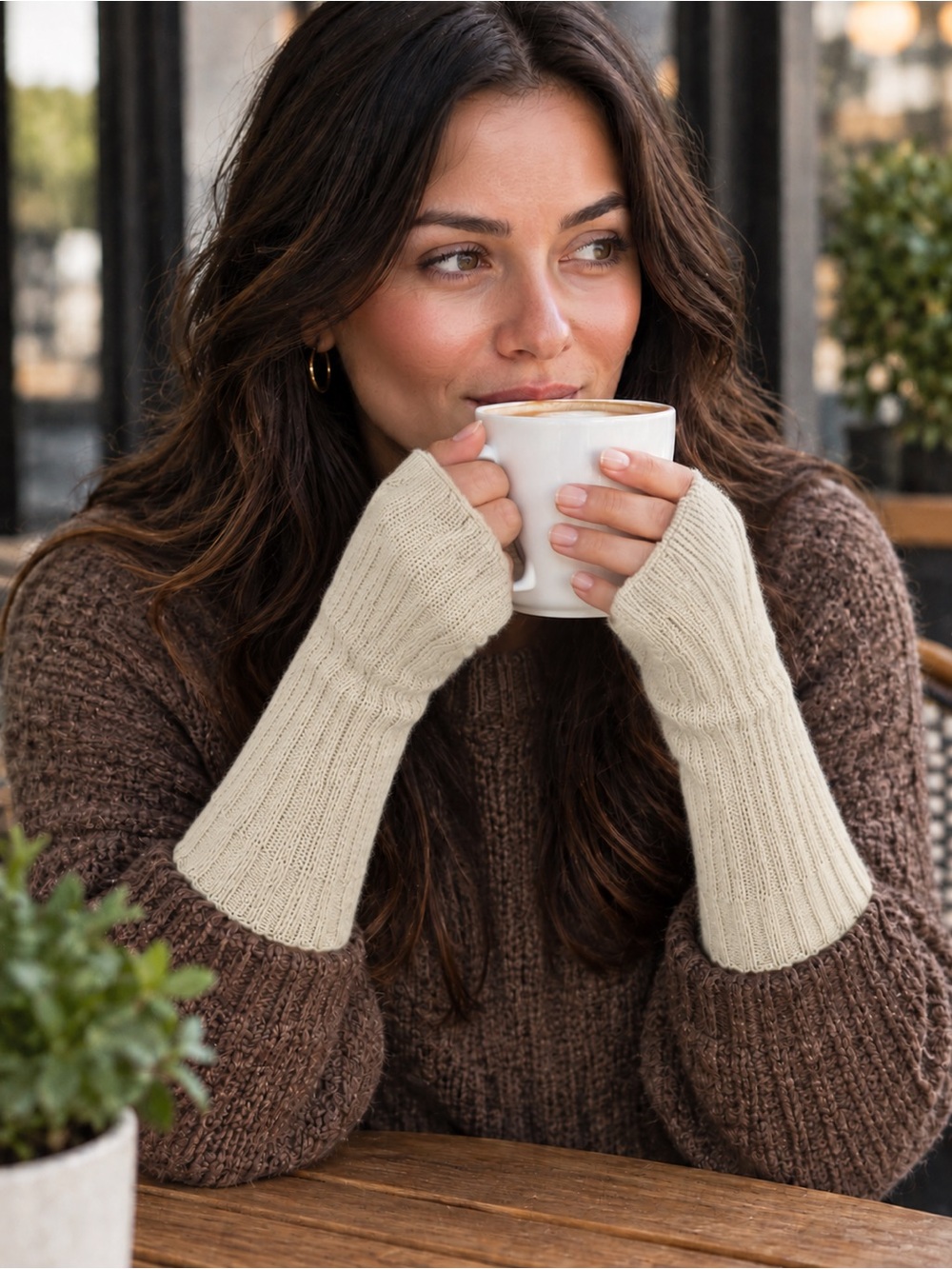 Portolano Italian Cashmere Long Fingerless Fine Knit Gloves Cream 🇮🇹